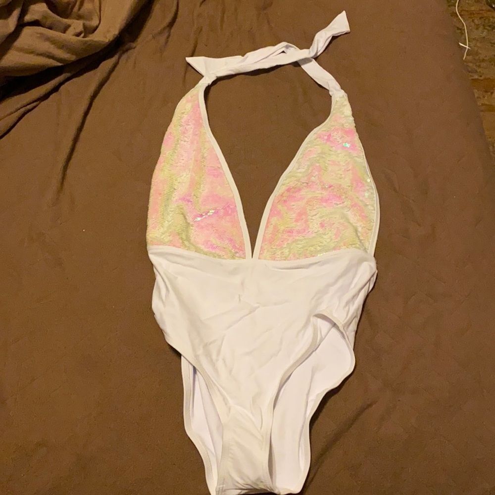New Look White Sequenced Swim Suit sz. L NWT